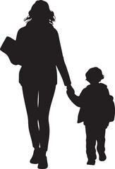 Vector image of a little child running with a school bag on his shoulder with a teacher