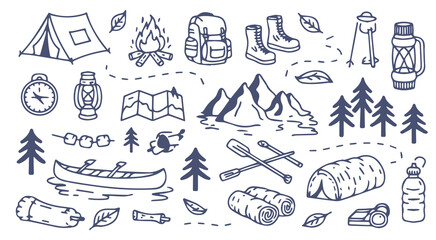 Outdoor Adventure and Camping Doodle Set tent campfire © MdAzgor