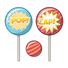 Two lollipops with comic book words and a small candy isolated on a transparent background