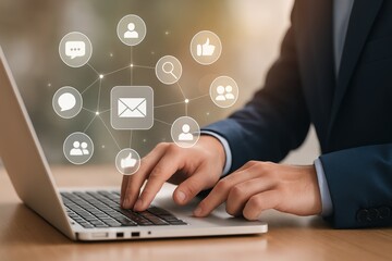 Professional Businessman Using Laptop for Online Communication and Networking, Social Media Icons Representing Digital Interaction and Engagement