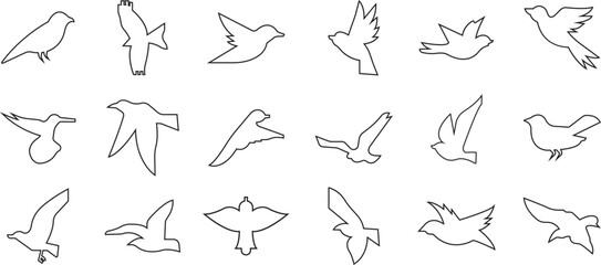 Bird silhouette outline icons set, flying bird shapes, sparrow pigeon dove crow hummingbird seagull black vectors collection, nature wildlife illustration symbols isolated on transparent background.