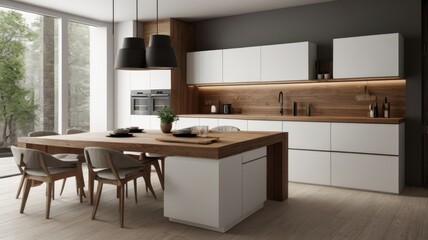 Modern Kitchen with Wooden Island and Panoramic Windows