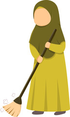 Muslim woman sweeping with broom