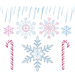 Winter Holiday Elements with Snowflakes and Candy Canes isolated on a transparent background