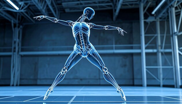 Digital anatomical figure of a ballerina in a warehouse setting