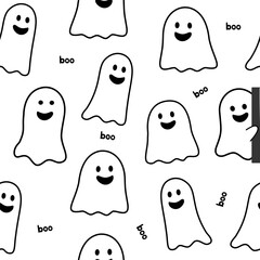 Seamless Cute Ghost Pattern with Cartoon Spooky Characters