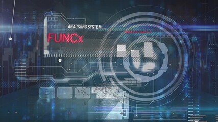 Digital animation of digital interface with data processing against blue background - Powered by Adobe