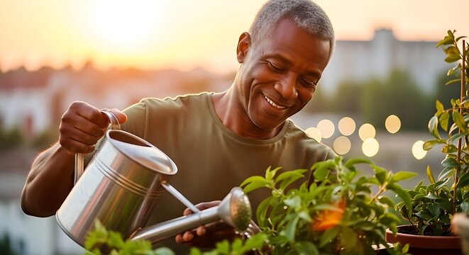 Joyful african american man watering plants in his garden at sunset