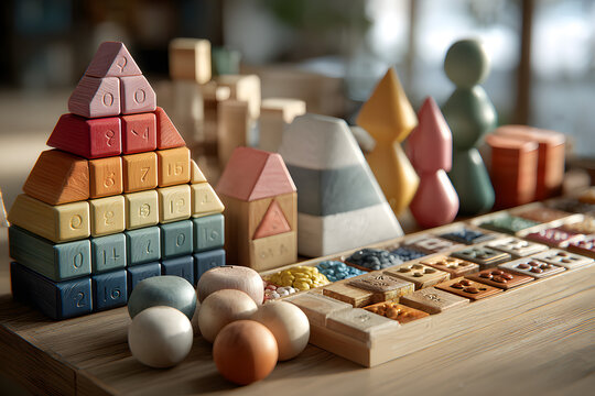 Colorful wooden math manipulatives arranged creativey on a table for educationl activities in a home or lassroom setting