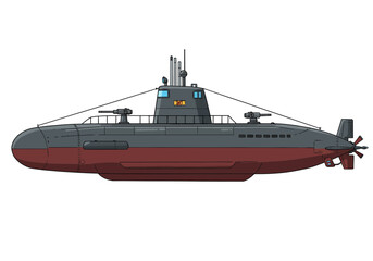 Fototapeta premium Powerful military submarine with cannons and periscope ready for underwater missions