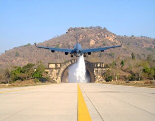 Large military jet landing, water spray