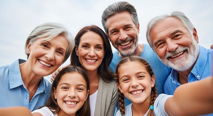 Happy multi generational family smiling at camera during a cheerful outdoor photo session