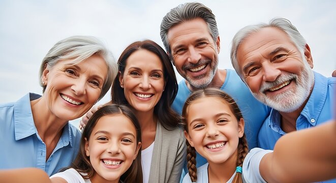Happy multi generational family smiling at camera during a cheerful outdoor photo session