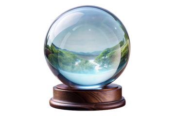 Mystical crystal ball with enchanting scenery and wooden stand isolated for design transparent background