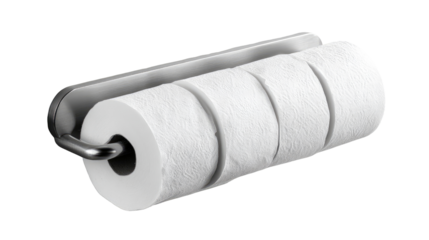Four rolls of white toilet paper mounted on a chrome/stainless steel holder