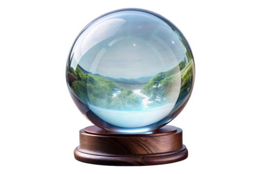 Mystical crystal ball with enchanting scenery and wooden stand isolated for design transparent background