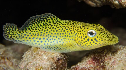 Close up of a Yellow Toby fish displaying its vibrant coloration and intricate pattern under the sea