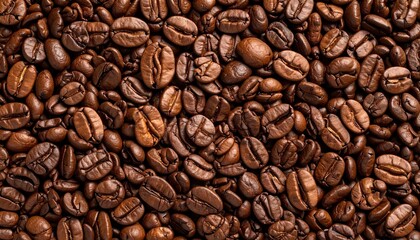 Close-up overhead shot of roasted coffee beans filling the frame, showcasing their rich brown color and texture.