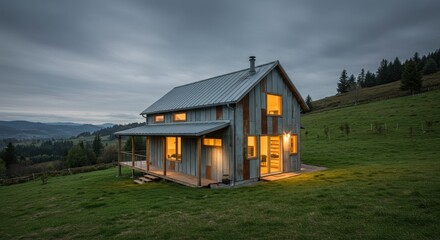 Cozy Rustic House with Warm Lights at Dusk Amidst Scenic Green Landscape and Mountains