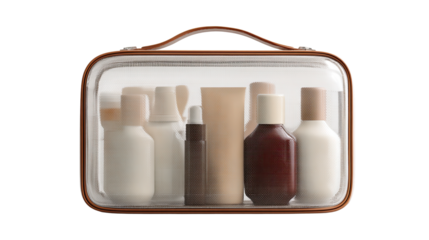 Clear cosmetic travel case filled with various beige and brown bottles and tubes