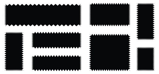Set or rectangular shapes with squiggly borders. Postage stamp borders set vector. Wavy edge frame or shape. Geometric shapes stickers with zigzag wavy edge. 