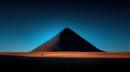 Fototapeta premium Majestic mountain rises against deep blue sky, casting long shadow over golden landscape, evoking sense of tranquility and awe