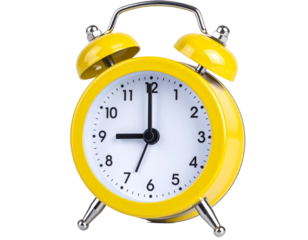 Angled Side View of Yellow Alarm Clock with Bells and Clear Dial, Isolated on Transparent Background PNG