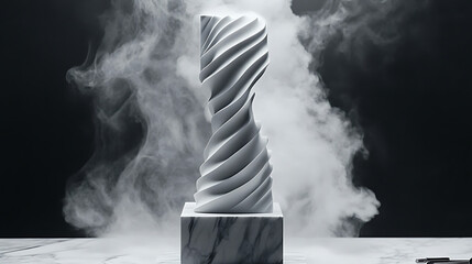 Sculptural Spiral Column on Marble Base Amidst Misty Atmosphere