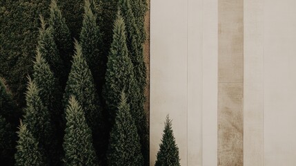 Fototapeta premium Abstract juxtaposition of natural evergreen trees and modern architectural paneling backdrop