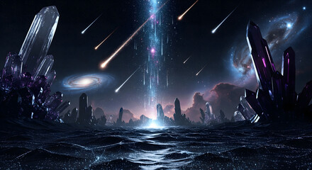 Celestial Realm: An ethereal cosmic landscape unfolds, with crystalline structures reaching towards a radiant light as meteors cascade across the vast expanse.