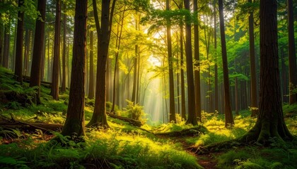 Fototapeta premium Sunlight streams through a dense forest, illuminating the lush green undergrowth and tall trees.