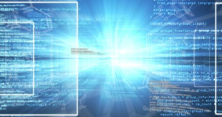 Animation of science data processing over blue background - Powered by Adobe