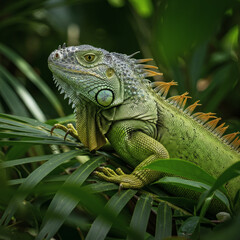 Obraz premium The serene beauty of a wild green iguana, a majestic reptile camouflaged among the lush foliage of a tropical rainforest