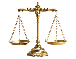 Angled Side View of Gold Balance Scales, Emphasizing Chains and Equilibrium, Isolated on Transparent Background PNG