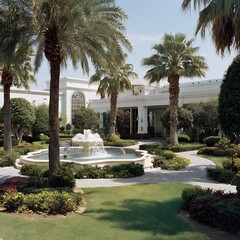 Elegant white building surrounded by lush greenery and a beautiful fountain offering a tranquil escape, perfect for luxury travel and destination marketing material