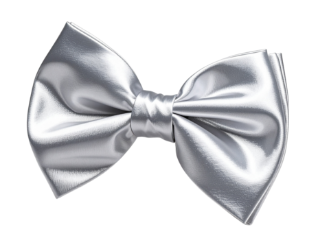 Angled Side View of Glossy Silver Bow Tie with Slight Twist, isolated on transparent background PNG