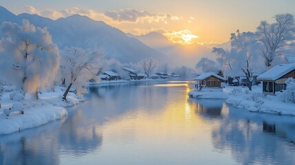 Tranquil Winter Landscape at Sunrise/Sunset: Calm Water Reflects Warm Light, Snowy Mountains & Cabins