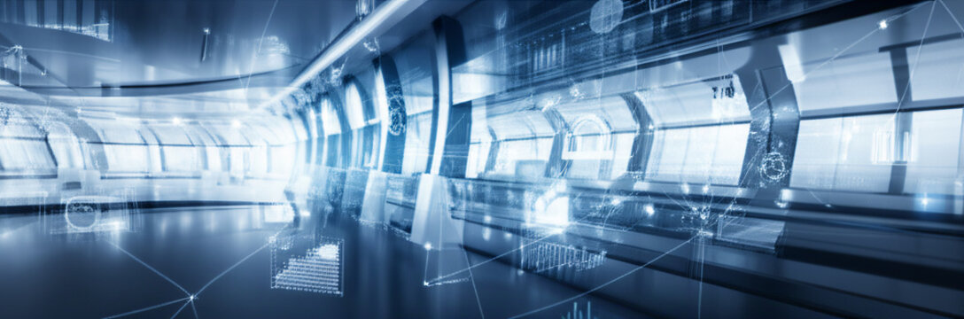 Futuristic digital corridor with glowing data streams and abstract shapes. - Powered by Adobe