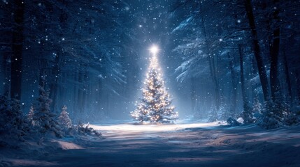 Luminous Christmas Tree in Snowy Winter Forest at Night