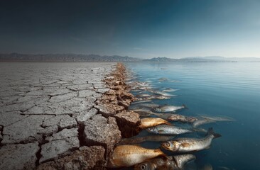 Environmental crisis dead fish in cracked earth desert lake nature photography serene landscape aerial view ecological impact