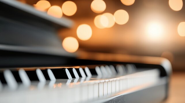 Elegant piano keys with soft, glowing lights in the background conveying creativity and inspiration for music creation.