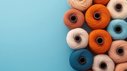 Colorful thread spools arranged in a pattern on a solid blue background suggesting creativity and craft.