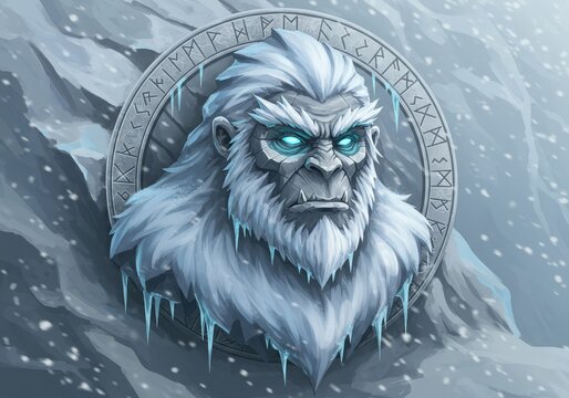 Fierce yeti creature with glowing eyes in snowy mountain landscape - Powered by Adobe