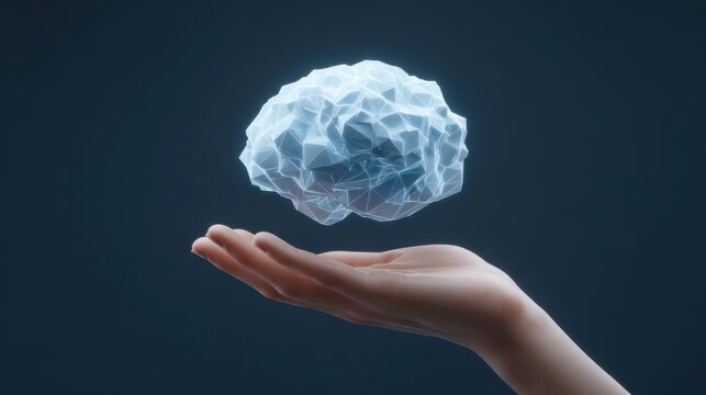 Futuristic Concept of AI and Human Brain Connection Represented by a Hand Holding a 3D Polygonal Brain in a Dark Abstract Environment