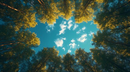 Worm's-Eye View of Forest Canopy: Golden Leaves Frame Clear Blue Sky with Scattered White Clouds