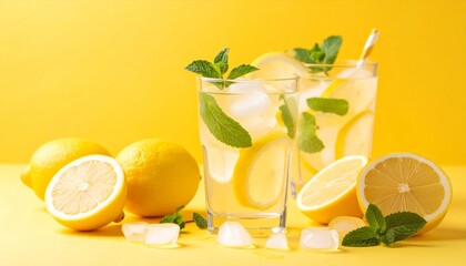 Fototapeta premium A cold glass of fresh lemonade, a mojito, or a lemon-lime cocktail with ice