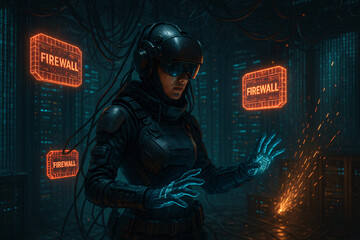 Futuristic Cyberpunk VR Hacker with Firewall Holograms in Data Center