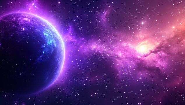Breathtaking cosmic scene with a vast purple starry sky filled with countless sparkling stars and soft nebula clouds, creating a dreamy and mysterious atmosphere perfect for space - themed designs, as