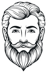 Vintage style line art illustration of a handsome man with a full beard and stylish mustache
