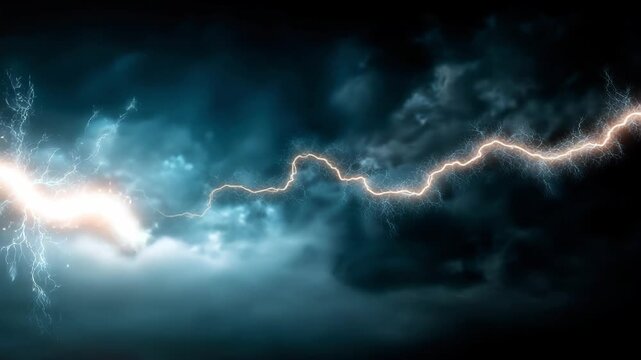 Intense lightning strikes dance across dark storm clouds, illuminating the night sky. Thunder rumbles in the background, creating a dramatic atmosphere in the secluded landscape.